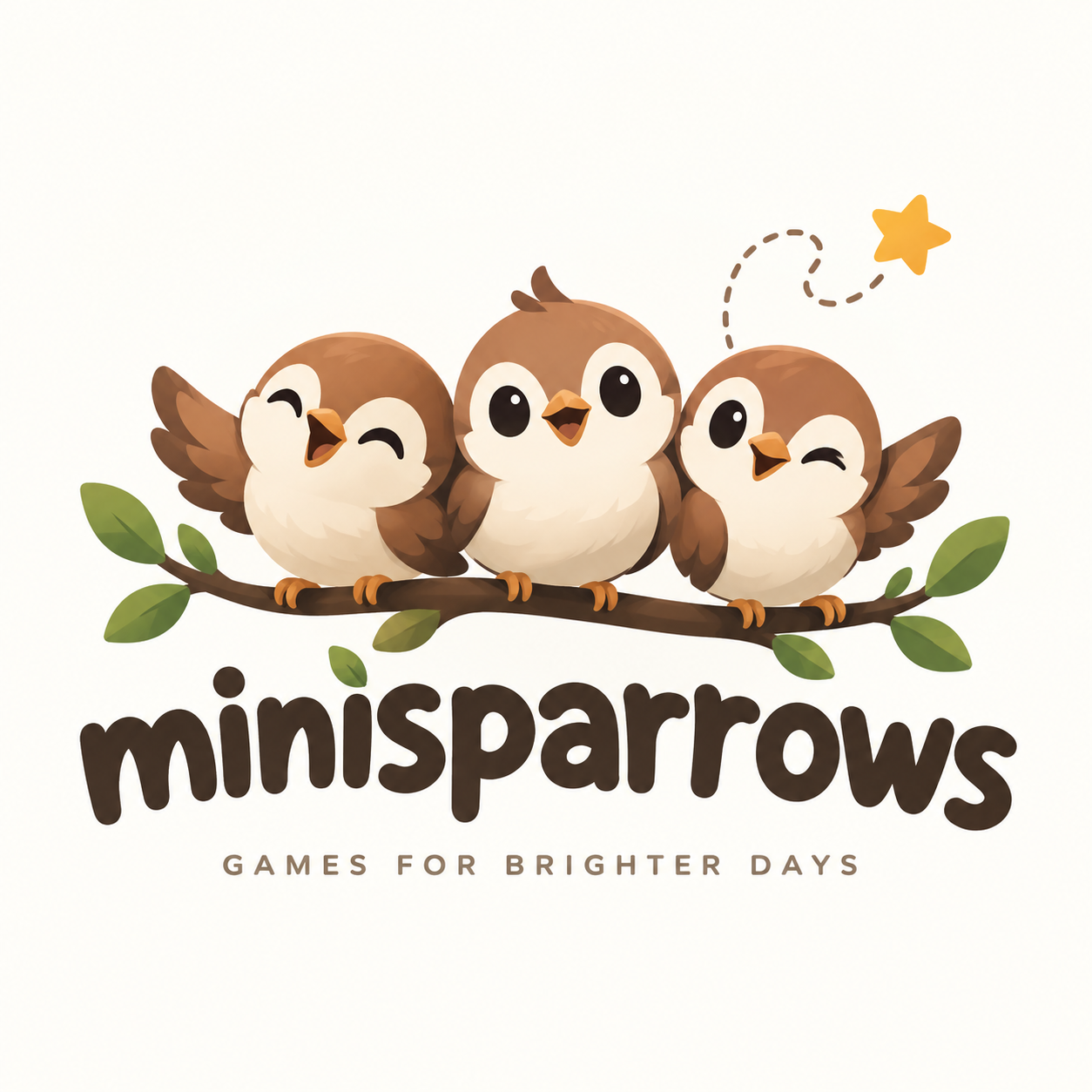 Three cheerful sparrows perched above the MiniSparrows logo and the words Games for Brighter Days